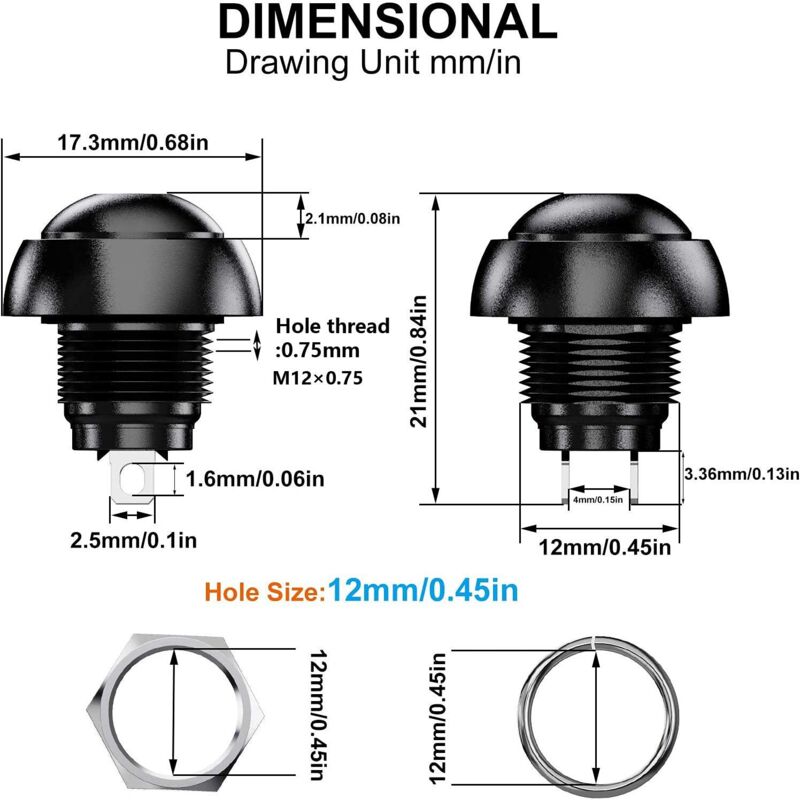 Waterproof momentary push button switch 12mm 12pcs — view 3