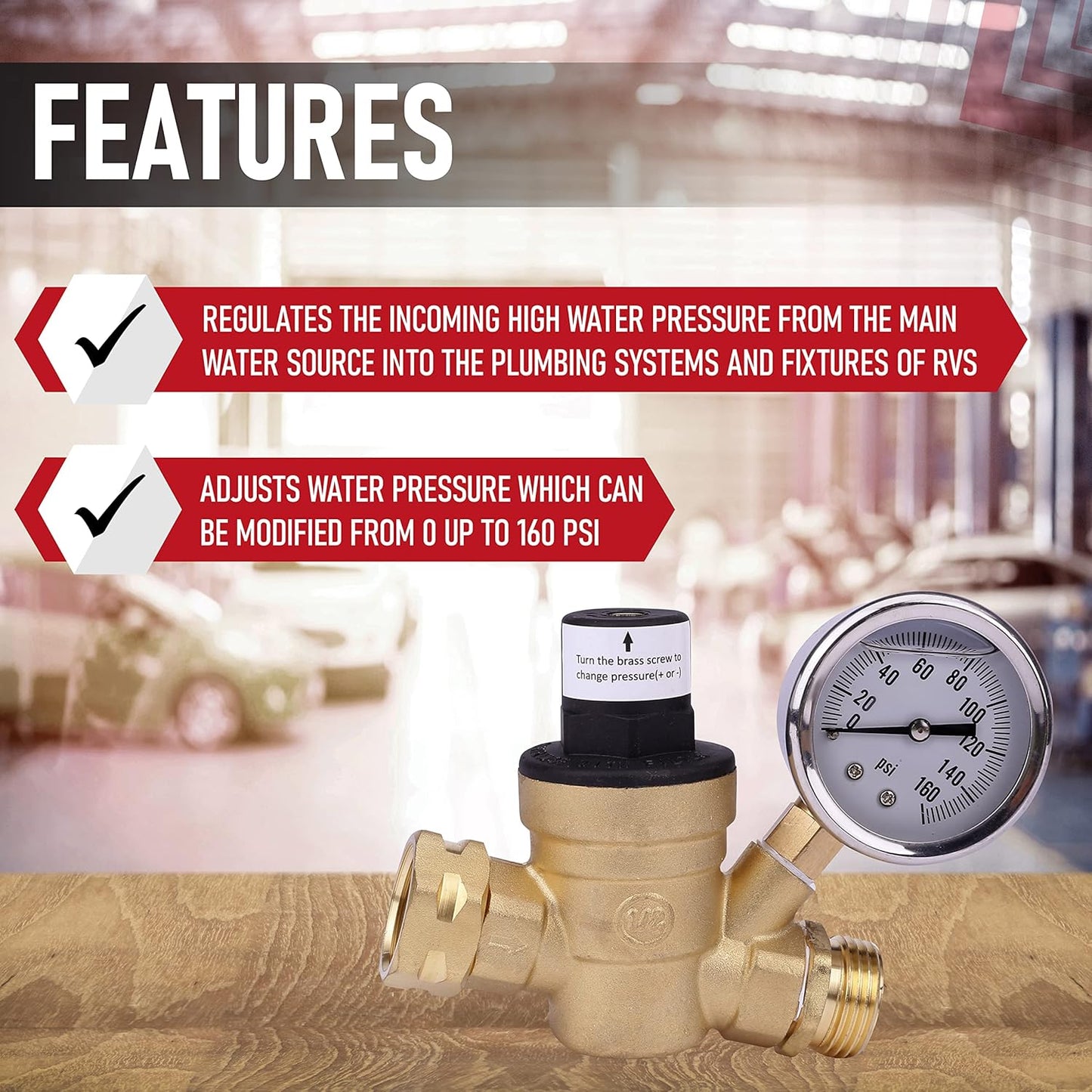 RV water pressure regulator with gauge — view 3