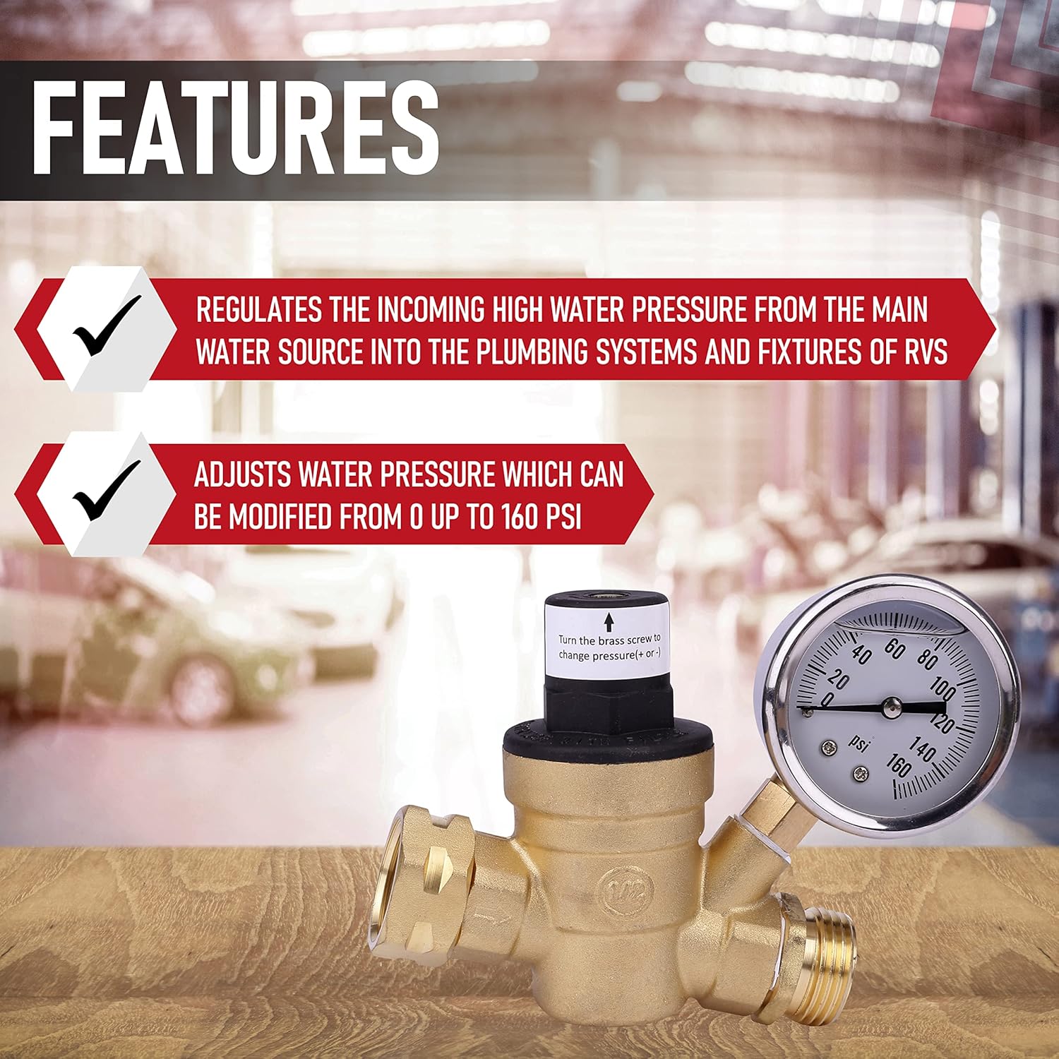 RV water pressure regulator with gauge — view 3