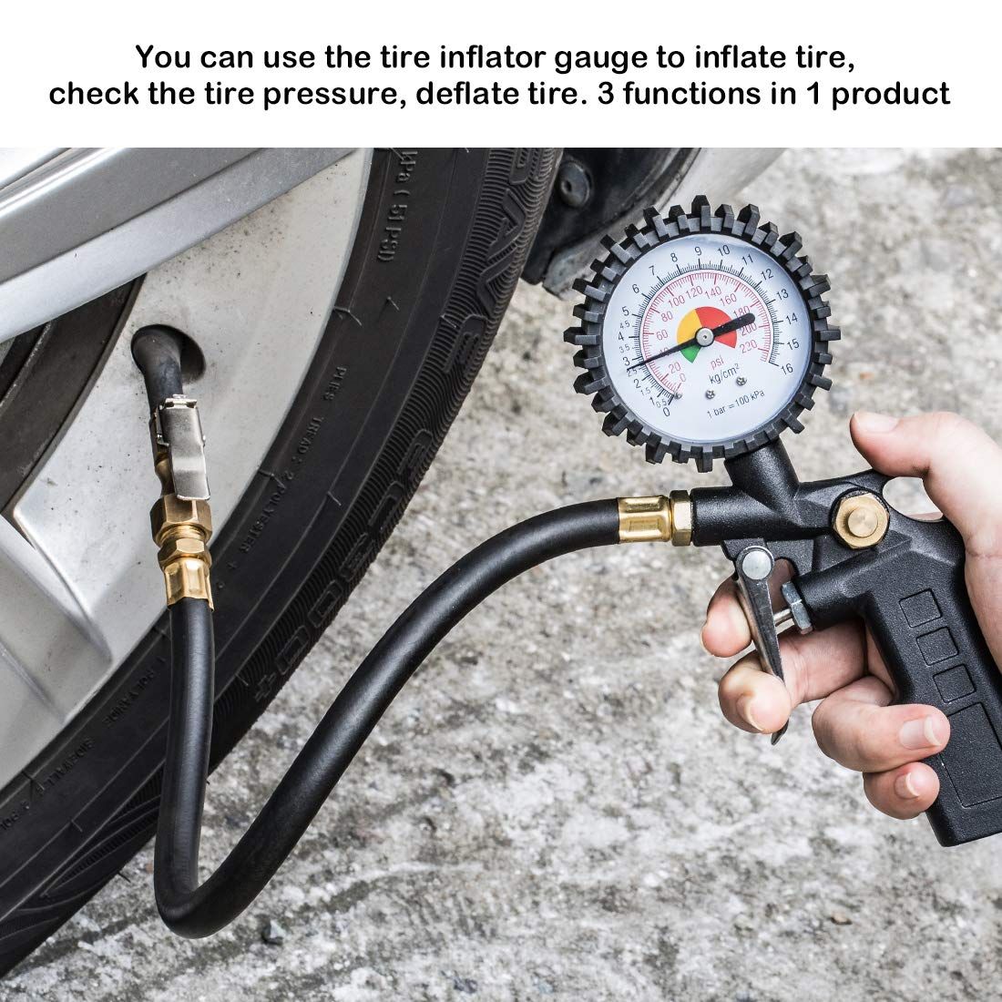Tyre inflator dial pressure gauge with chuck — view 3