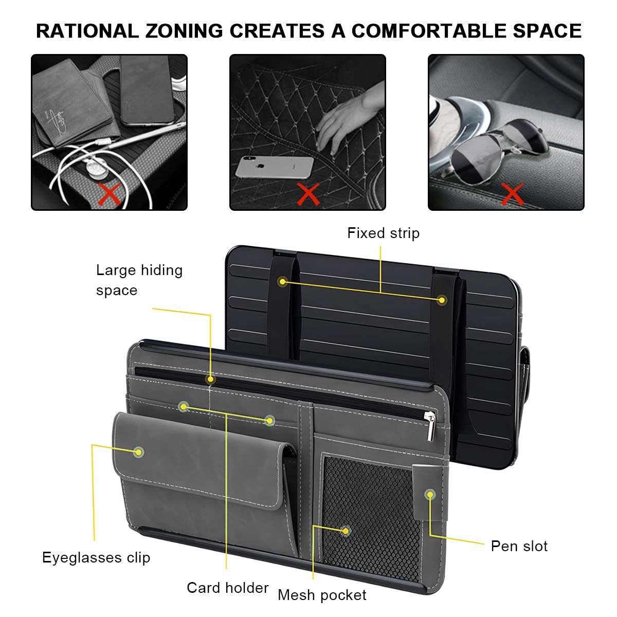 Leather car sun visor organiser black — view 3