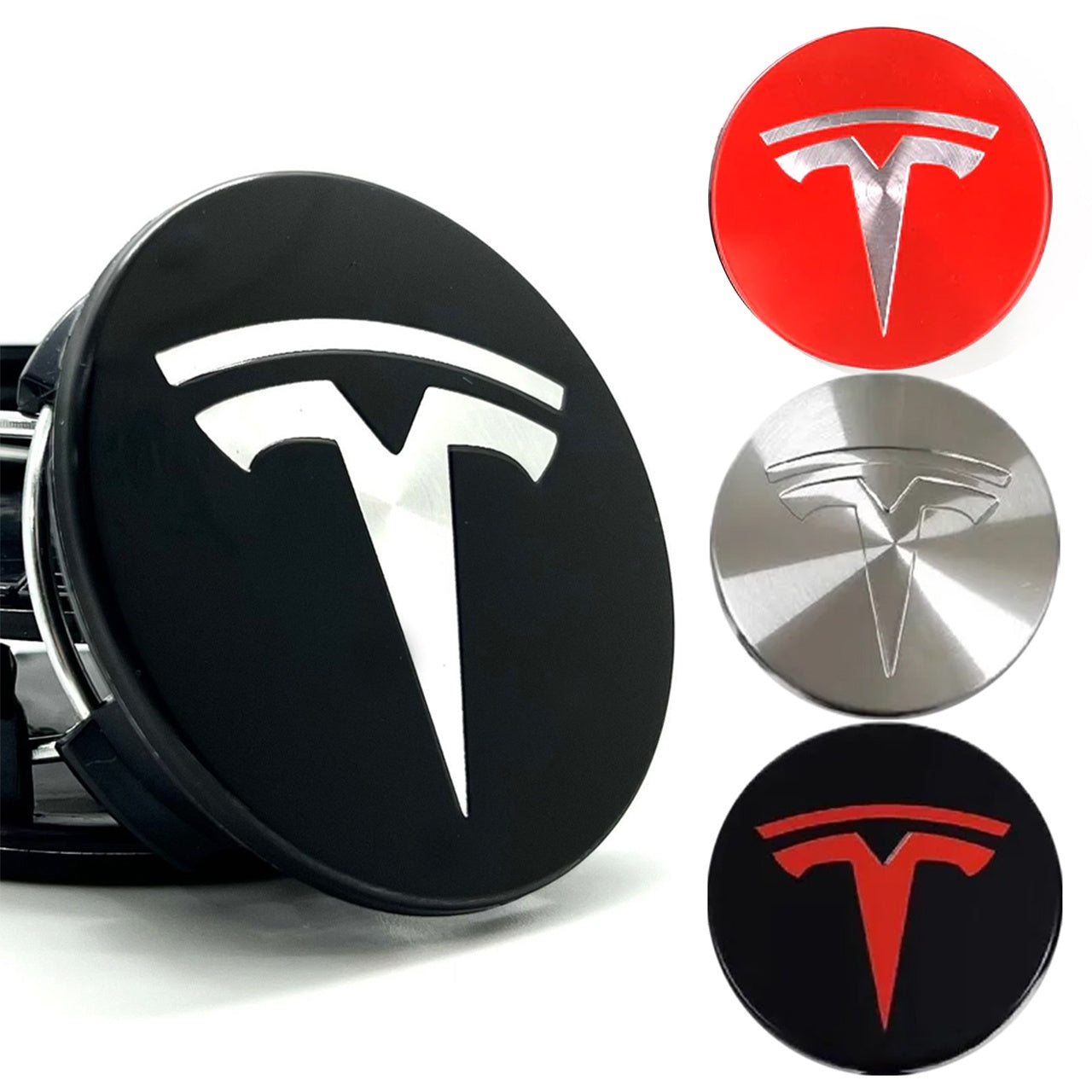 4 pack Tesla centre caps black silver — view 2