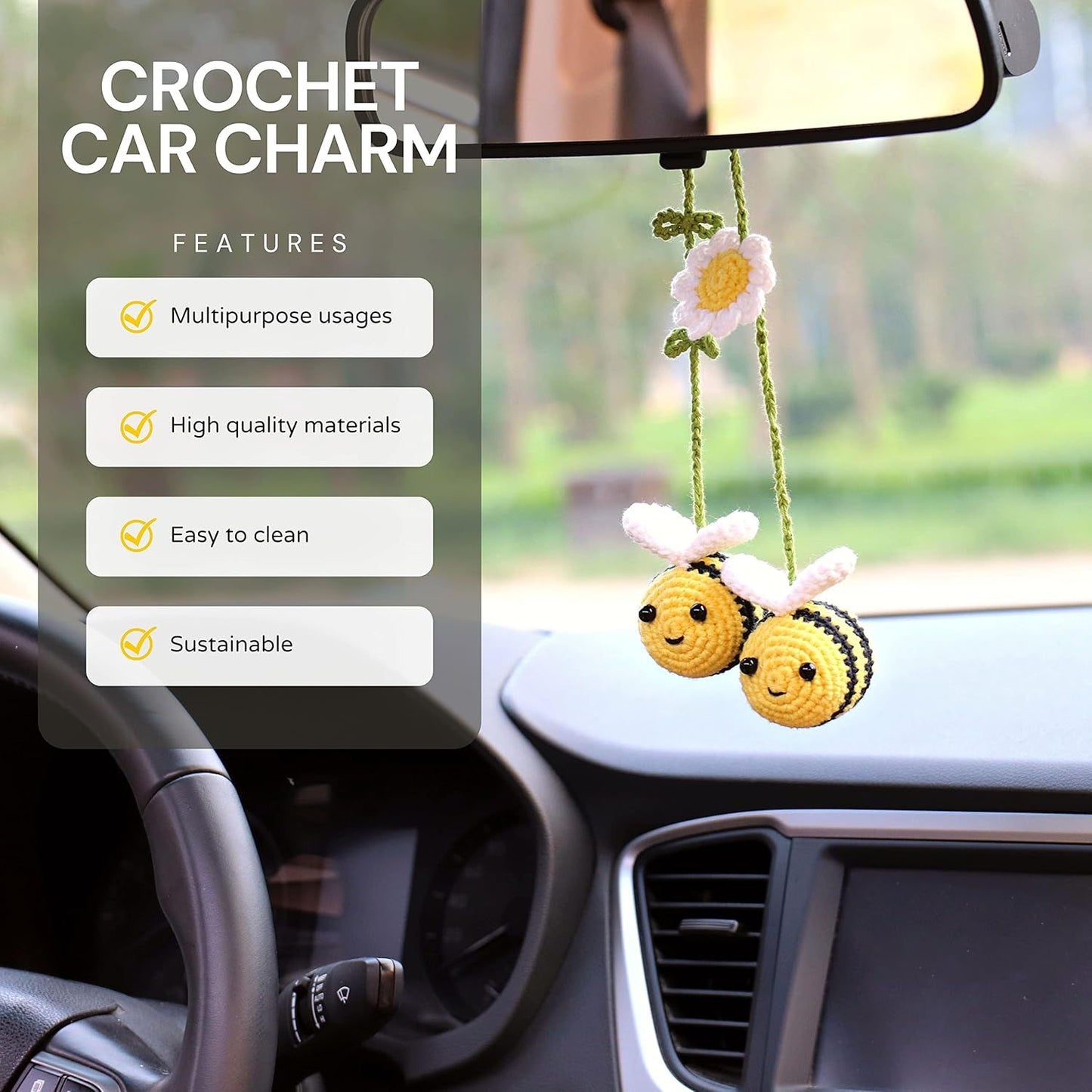 Crochet Bee Car Rear View Mirror Holder — view 4