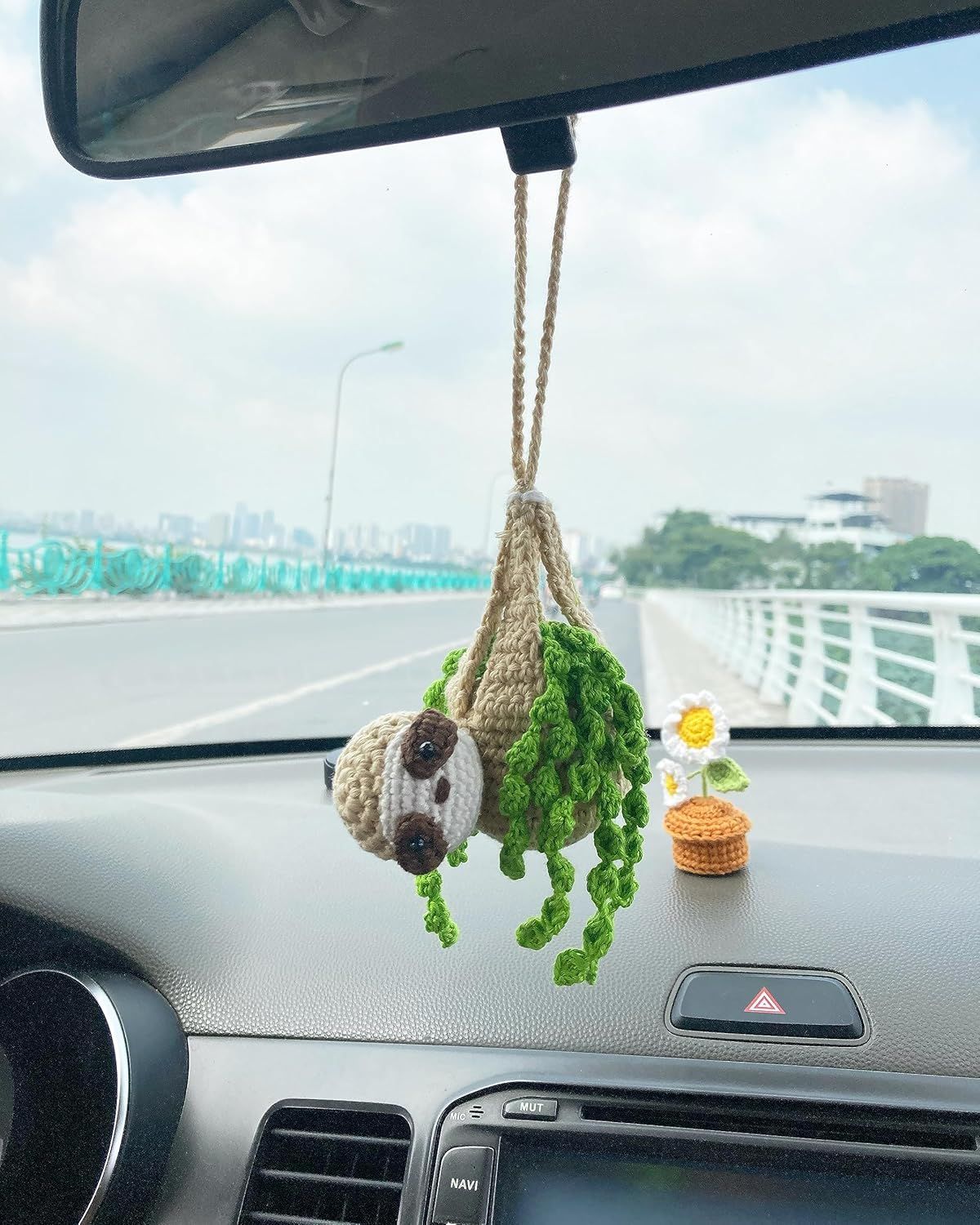 Crochet Sloth Car Rear View Mirror Holder — view 3