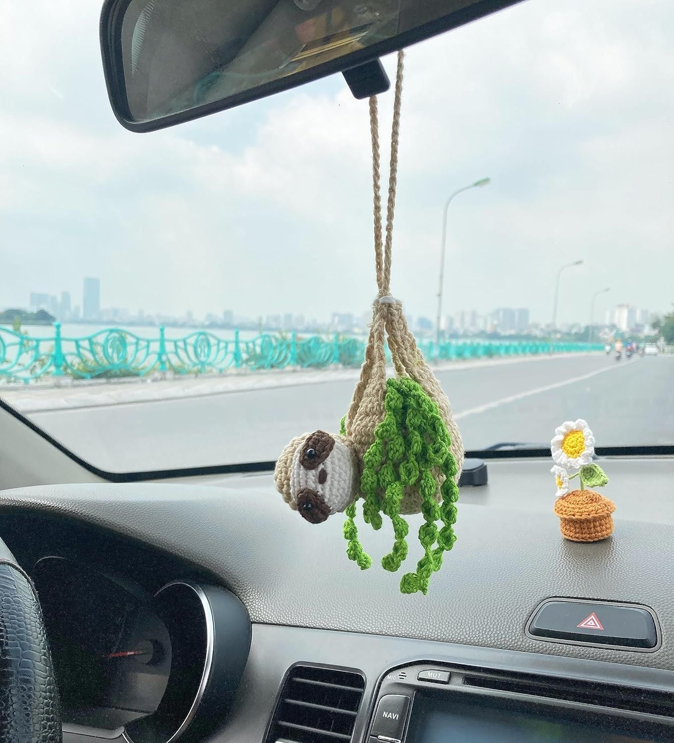 Crochet Sloth Car Rear View Mirror Holder — view 5