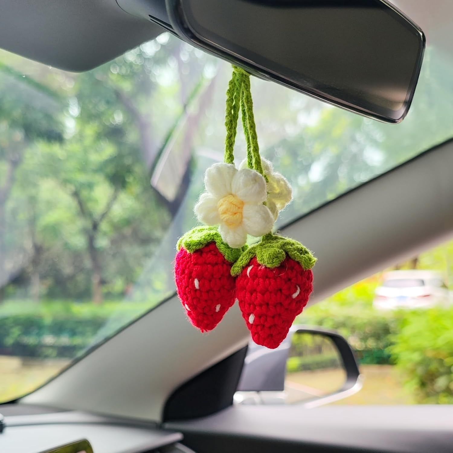 Handmade Crochet Red Strawberry and Flower Car — view 2