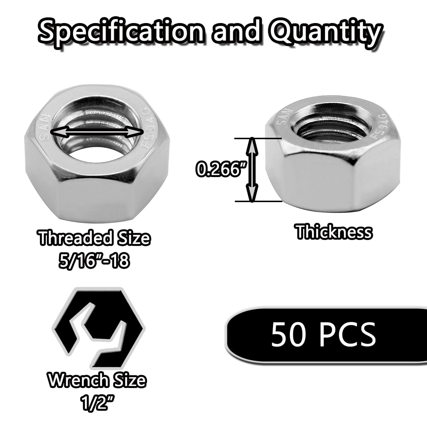 50 pcs 5/16-18 stainless steel nuts — view 3