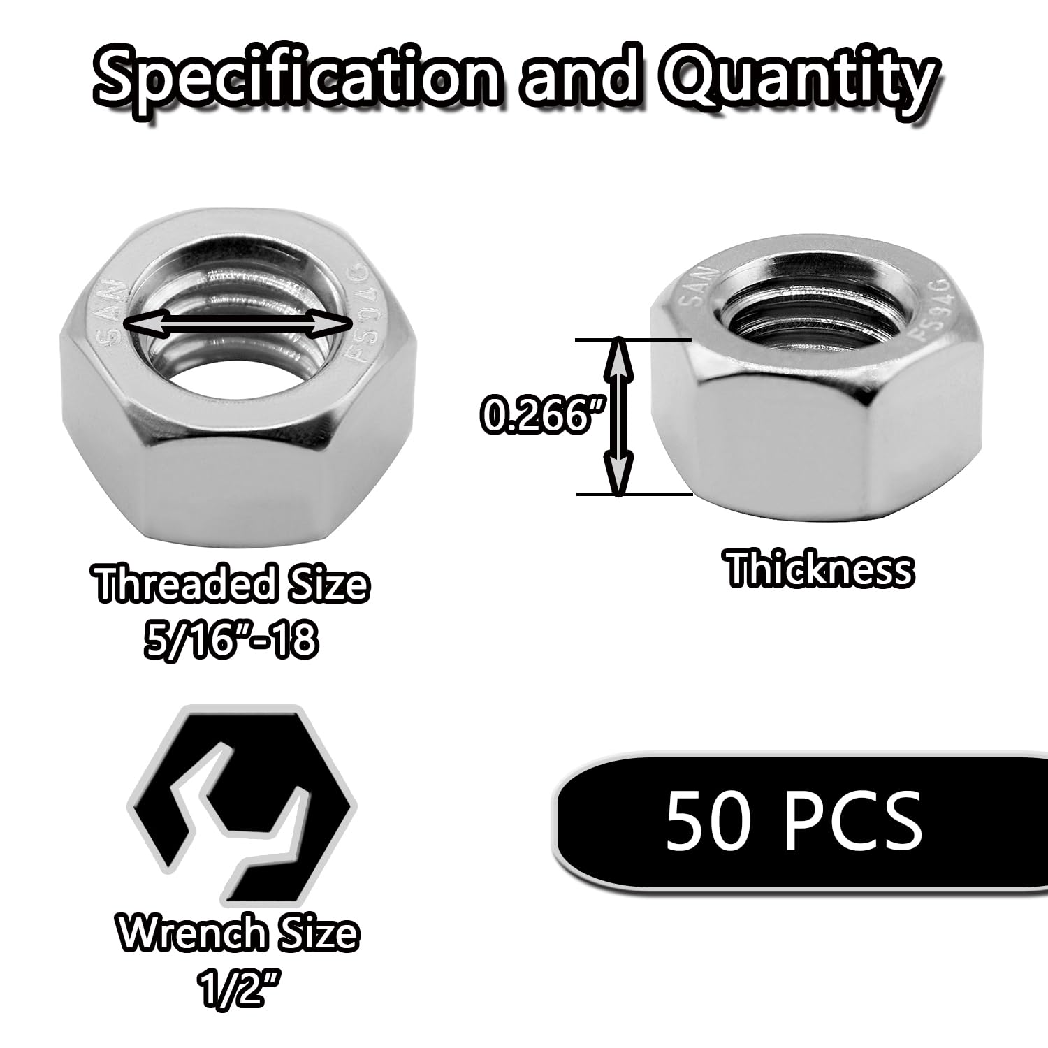 50 pcs 5/16-18 stainless steel nuts — view 3