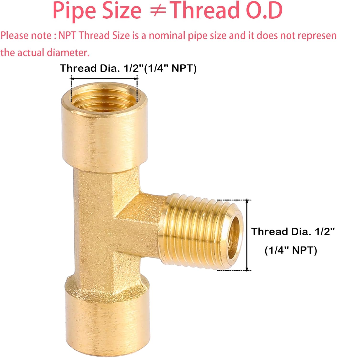 2 Pack 1/4 NPT Brass Tee — view 4