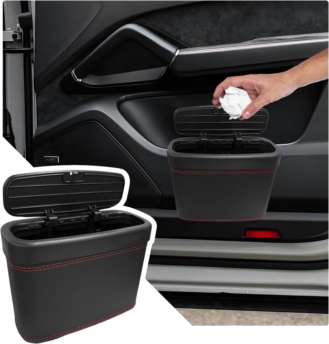 Leather car trash can with lid — view 2