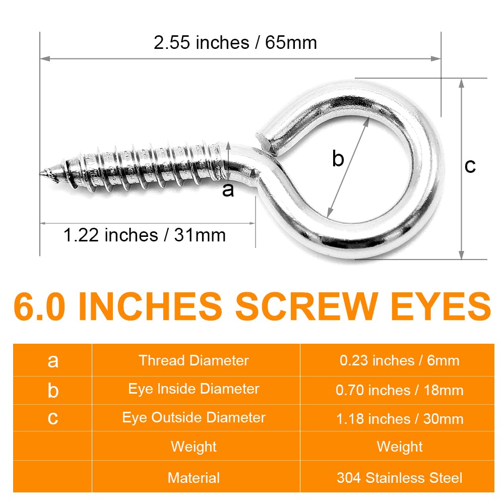 M6 stainless steel screw eye hooks 6 pack — view 3