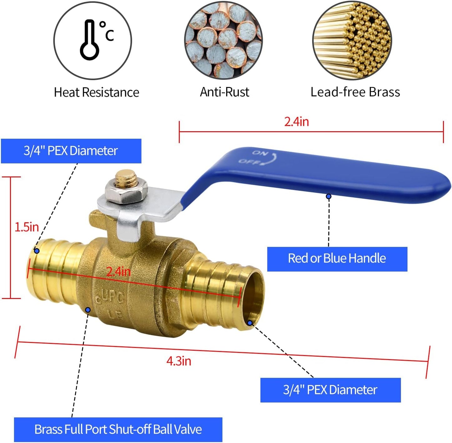 3/4 inch PEX brass shut off ball valve 10 pack — view 3
