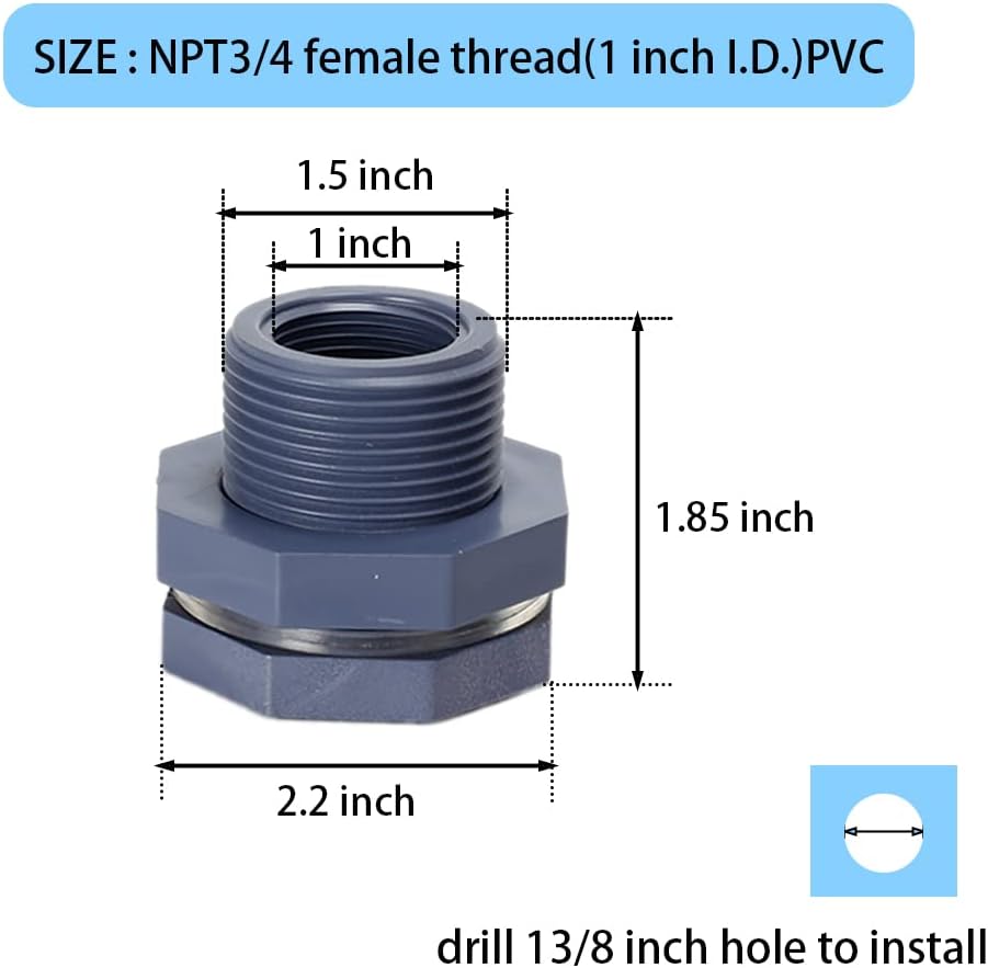 3/4 inch PVC bulkhead fitting 2 pack — view 3