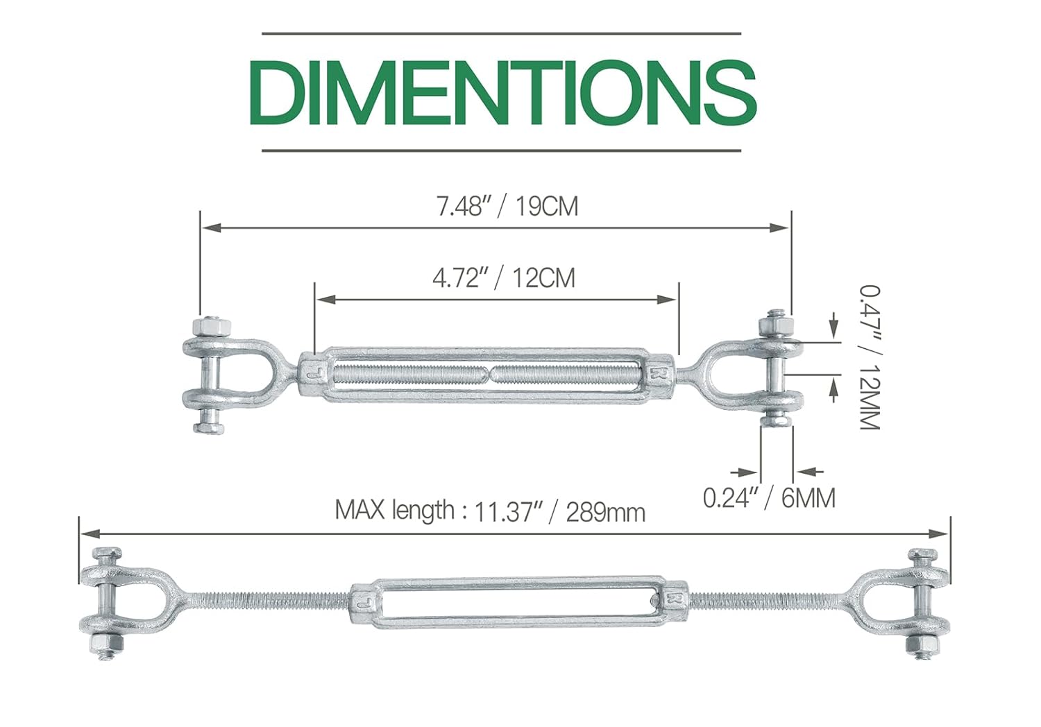 1/4 inch jaw jaw galvanised turnbuckle — view 5