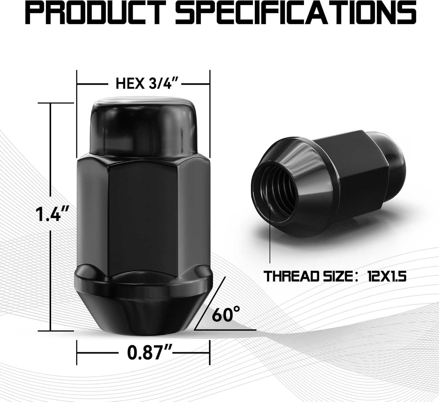 12x1.5 Wheel Lug Nuts, 20PCS Black — view 3