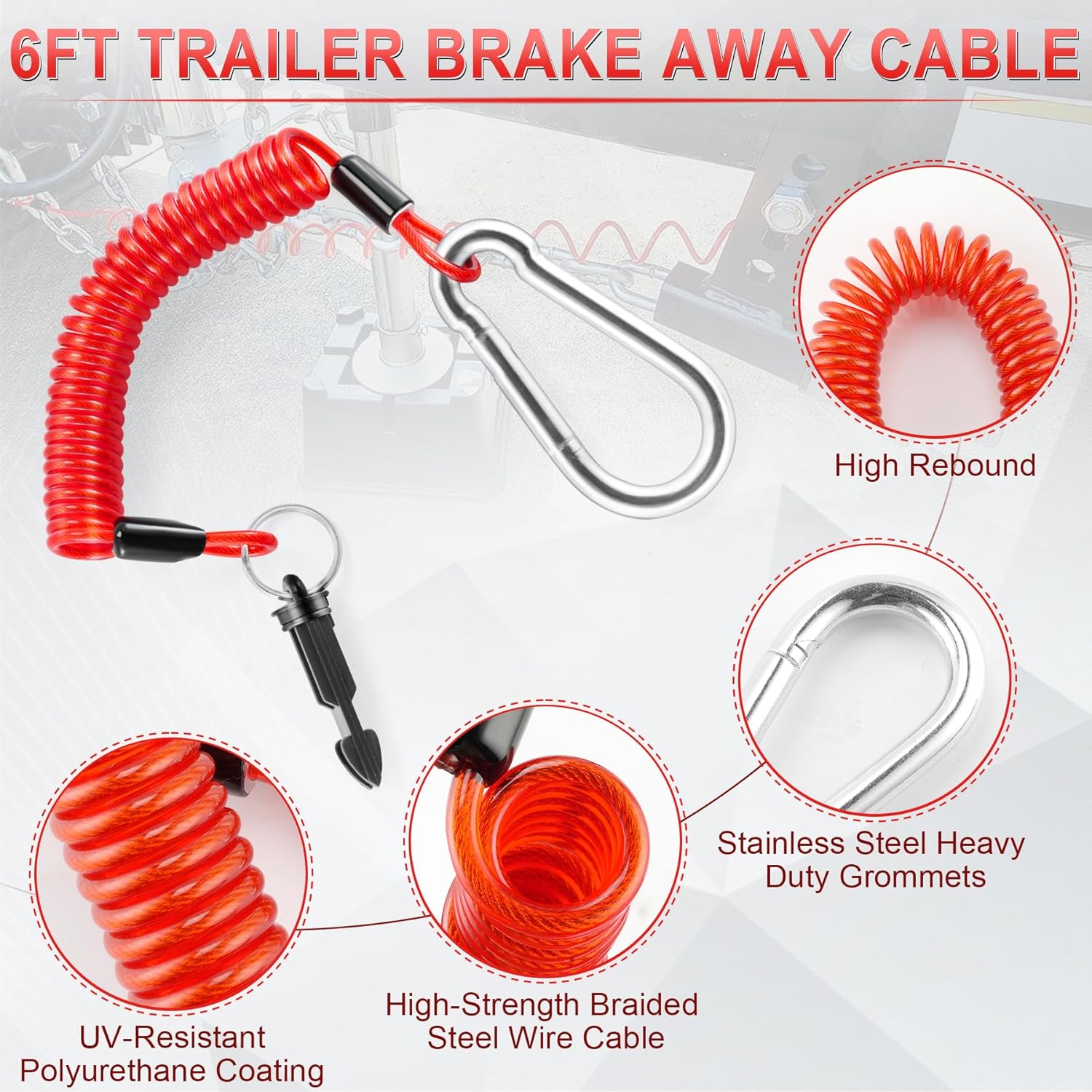 6FT Breakaway Trailer Cable,Heavy Duty Stainless — view 3