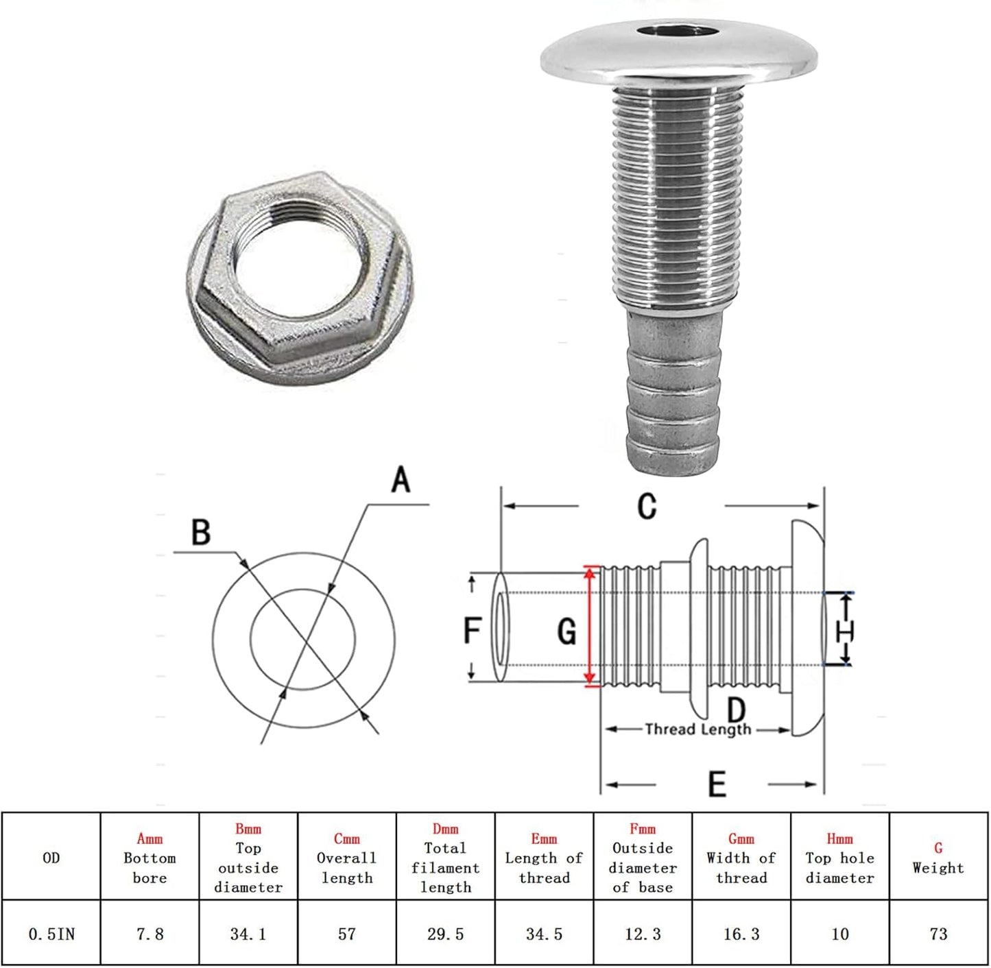 1/2 Stainless Steel Thru-Hull ，Barbed Standard — view 4
