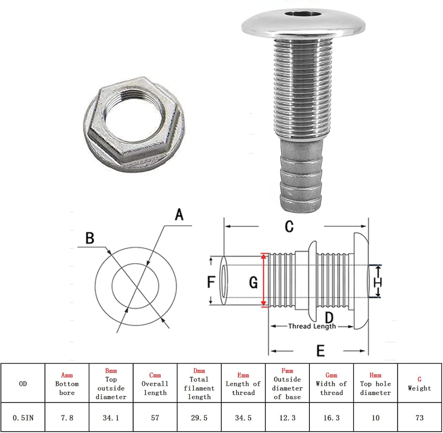 1/2 Stainless Steel Thru-Hull ，Barbed Standard — view 4
