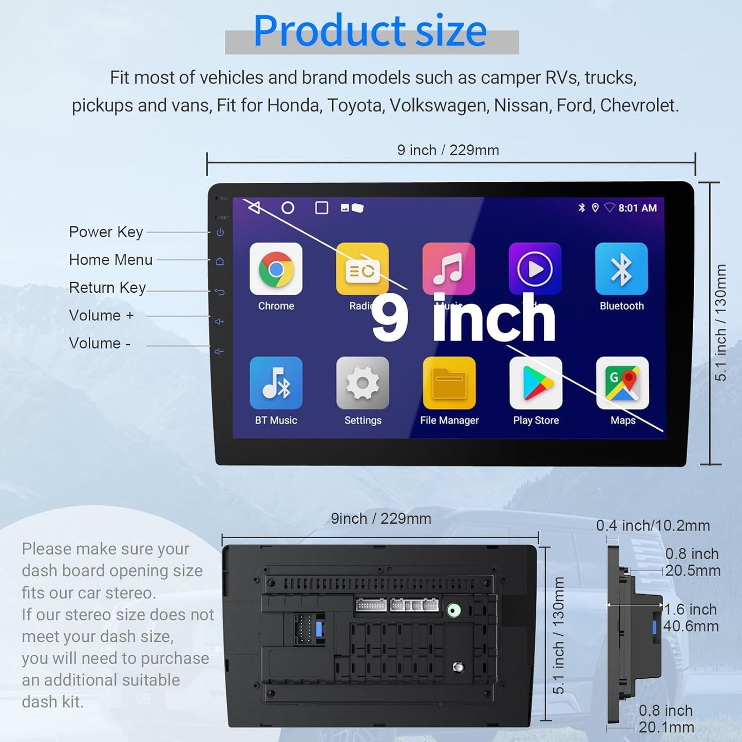 9in 2 DIN car radio with rear camera — view 3