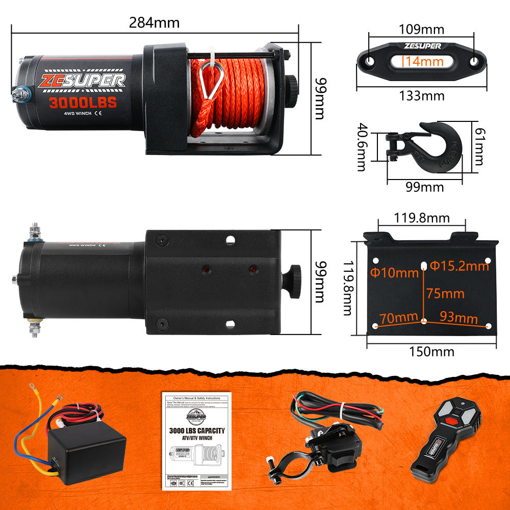 ZESUPER 12V Electric Winch 3000lbs — view 3