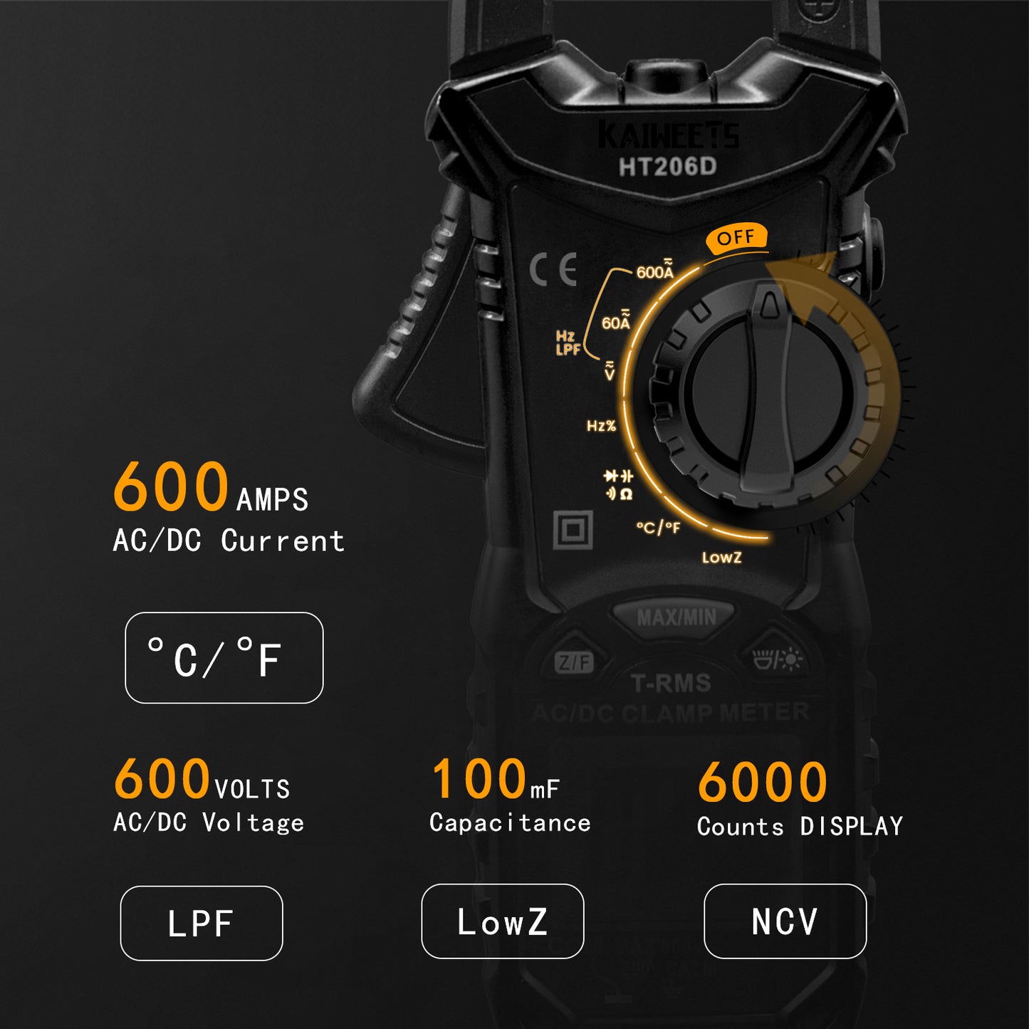 KAIWEETS HT206D digital clamp meter 6000 counts — view 6