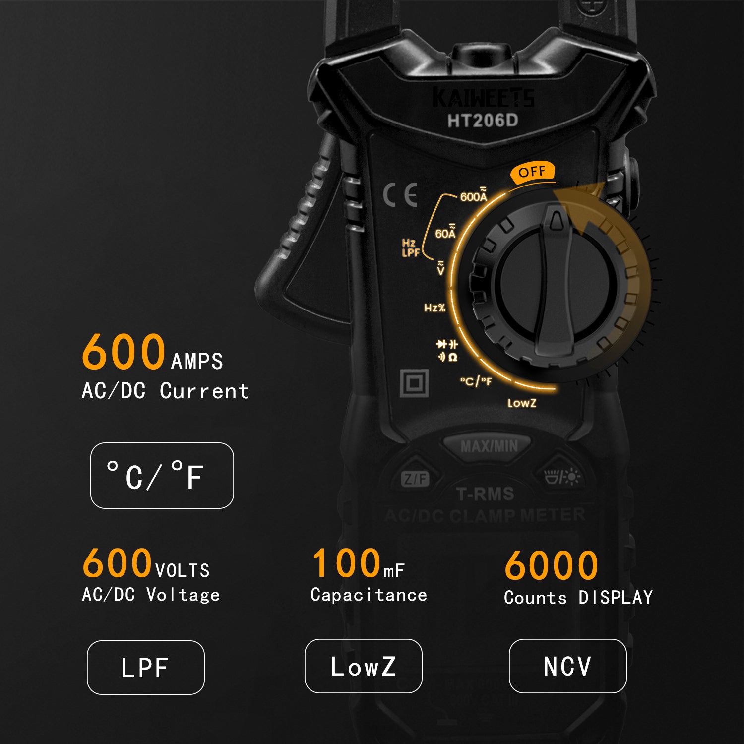 KAIWEETS HT206D digital clamp meter 6000 counts — view 6