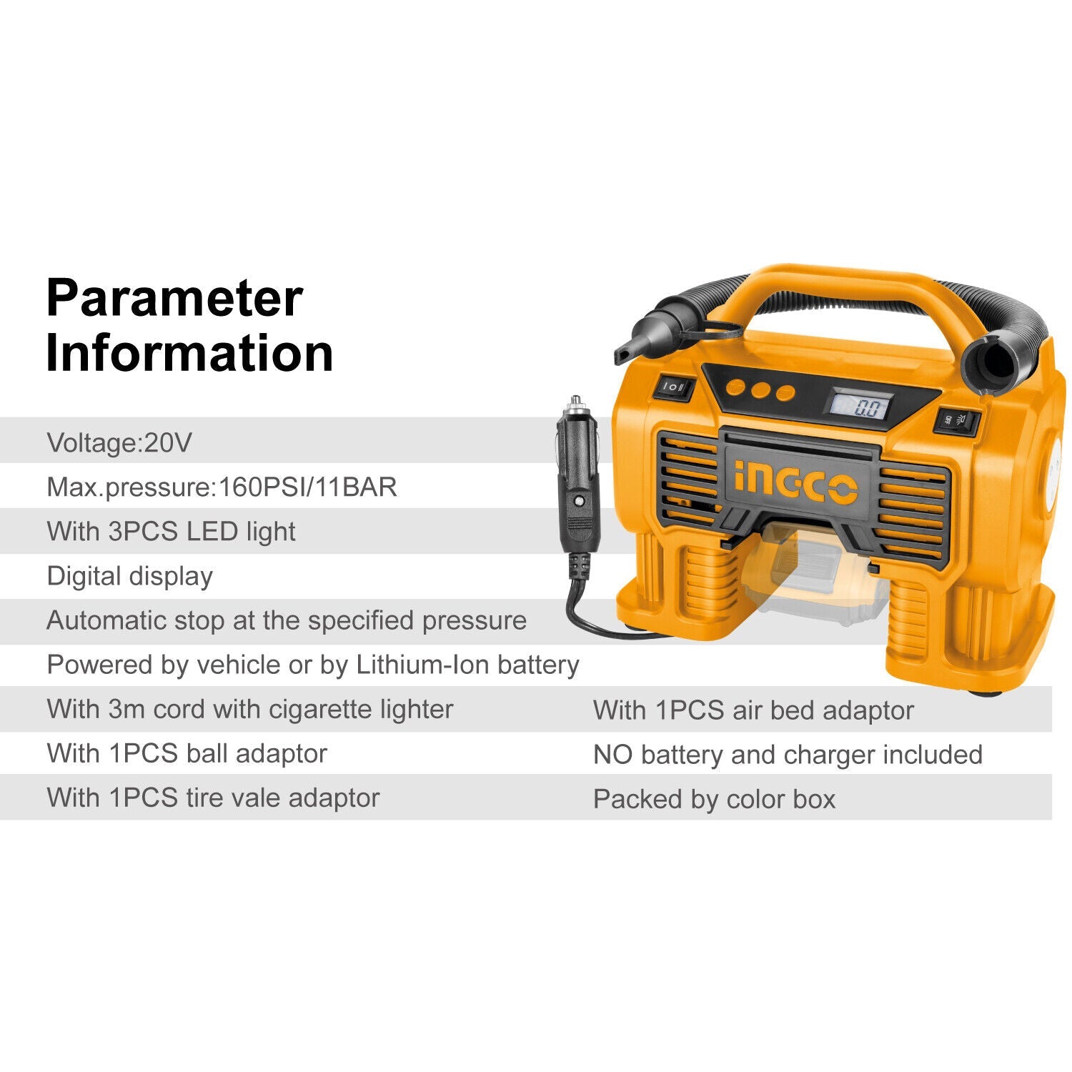 INGCO Air Compressor Tyre Inflator 160PSI — view 5