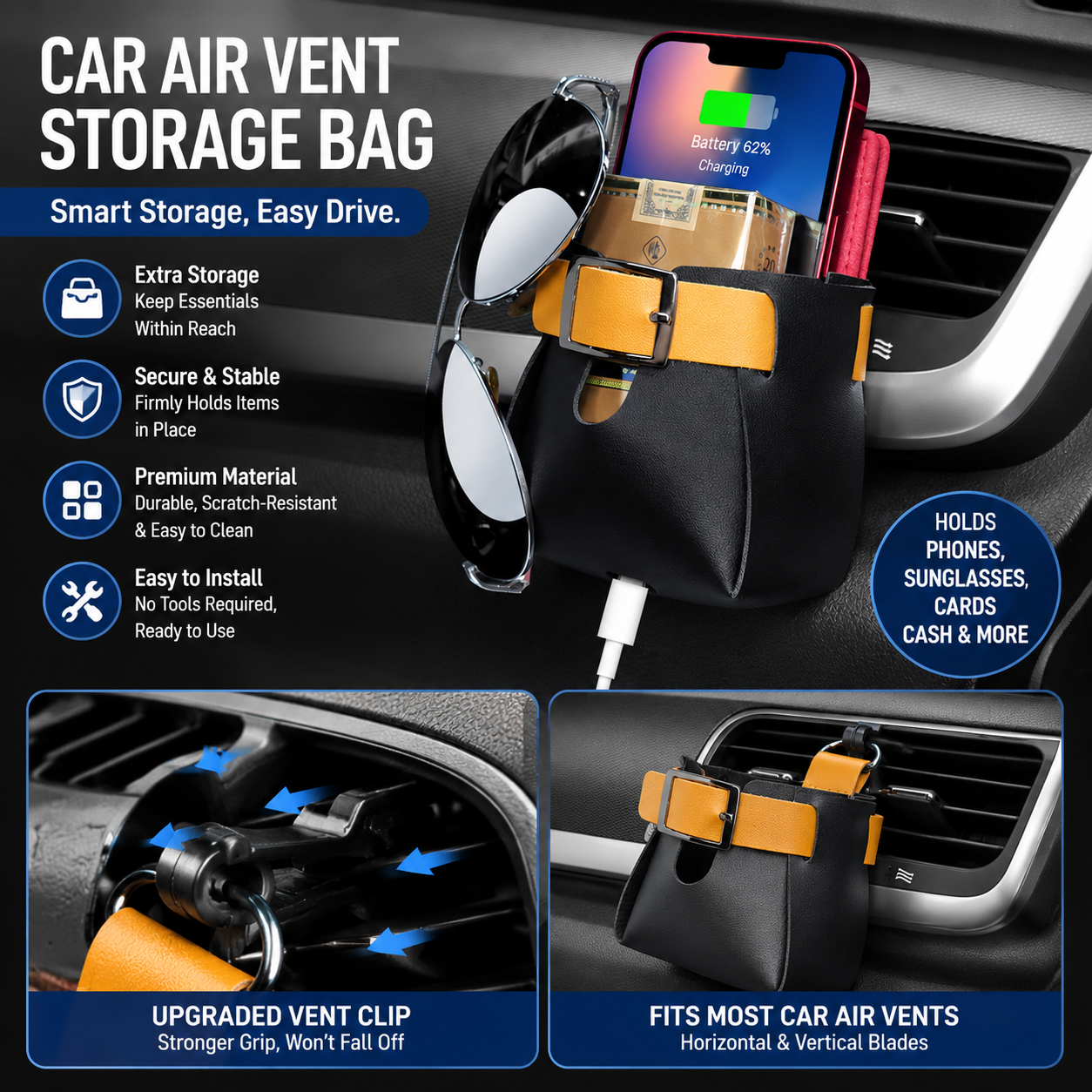 2-pack car air vent leather storage pockets — view 10
