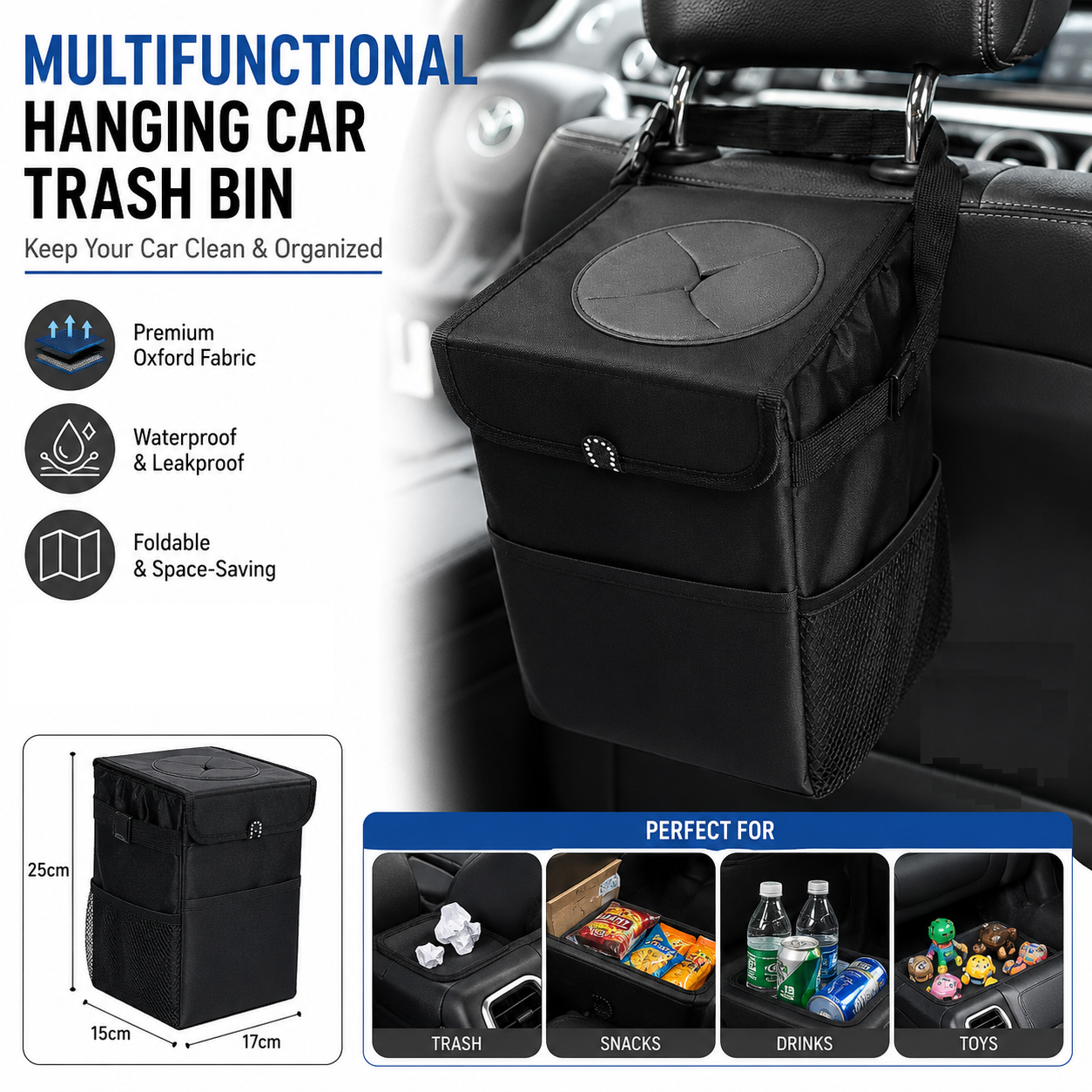 Small foldable car rubbish bin black — view 2
