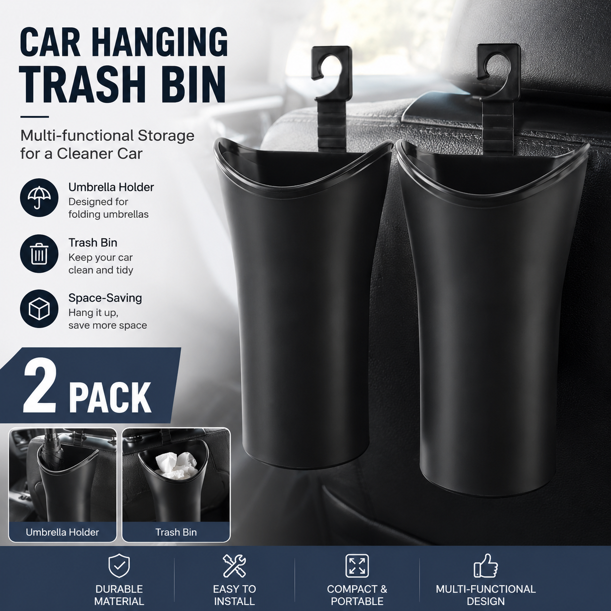 Car umbrella storage bucket hanging bin — view 2