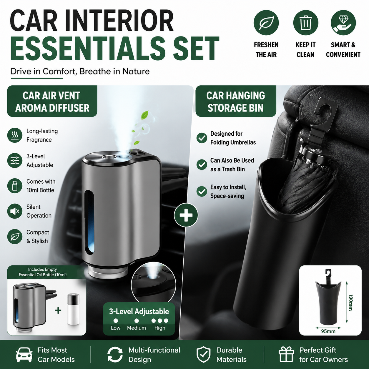 2-piece car aroma diffuser and storage bin — view 2