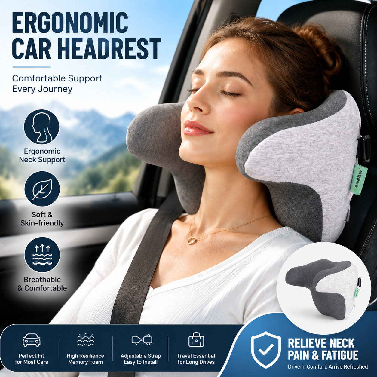 Ergonomic memory foam car neck pillow — view 2