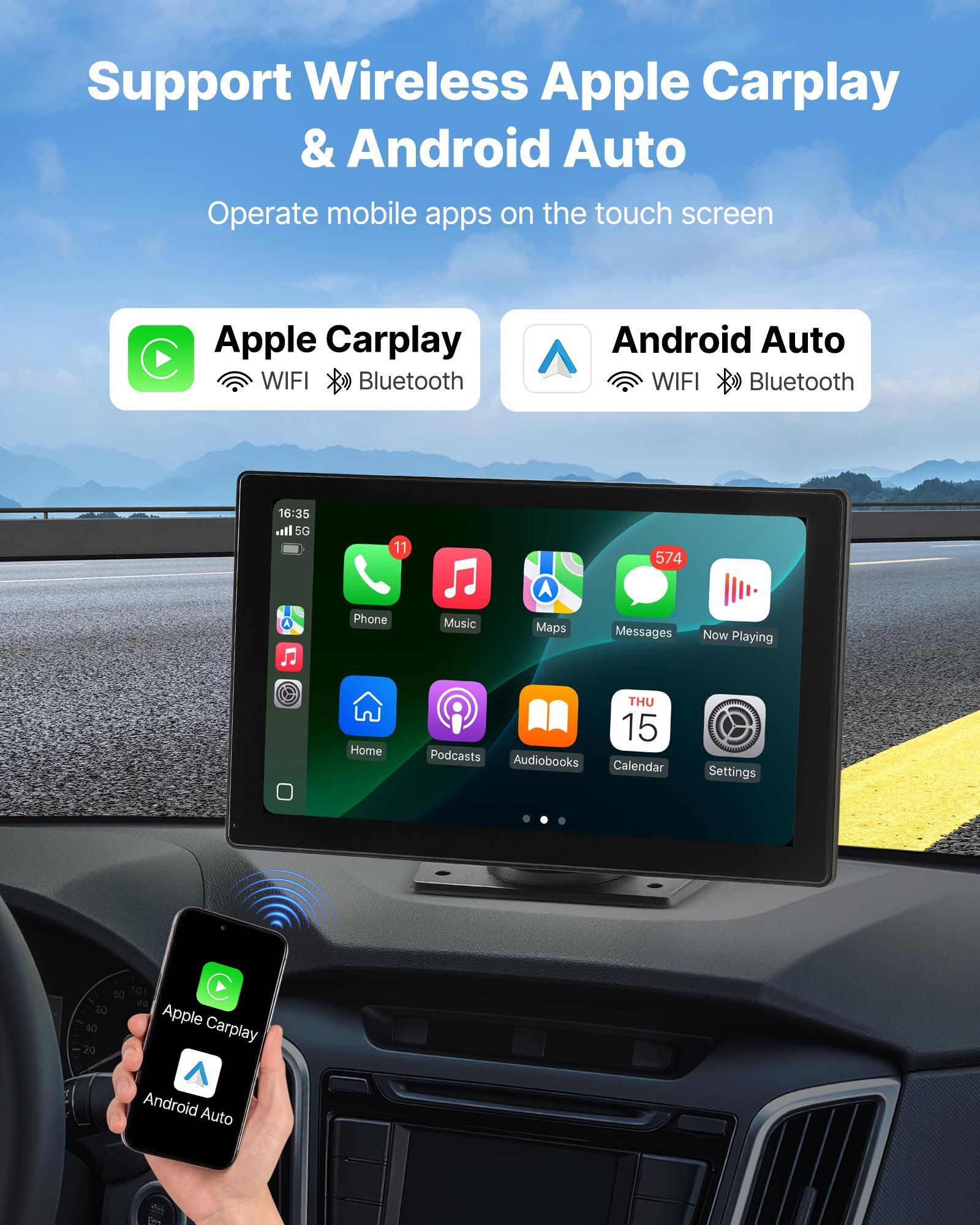 Wireless car stereo 228.6 mm HD touch screen — view 3