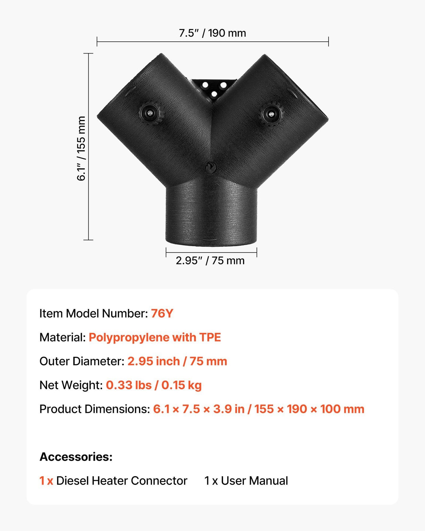 Diesel heater 75 mm 3-way Y duct connector — view 8