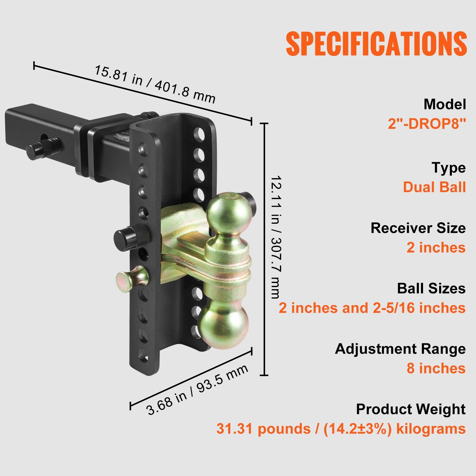 Adjustable Trailer Hitch 203.2 mm Drop — view 8