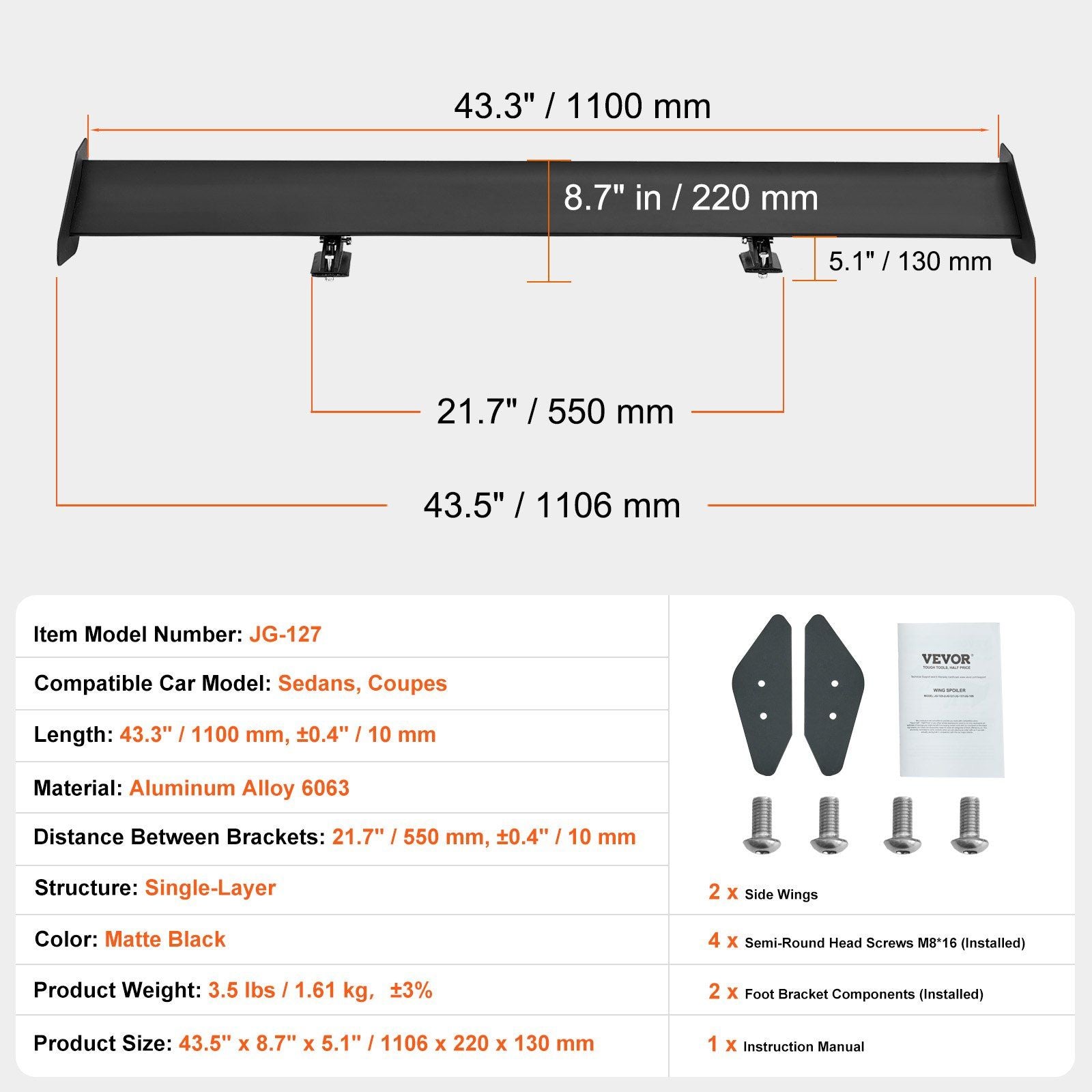 GT wing car spoiler 43.3 inch — view 8