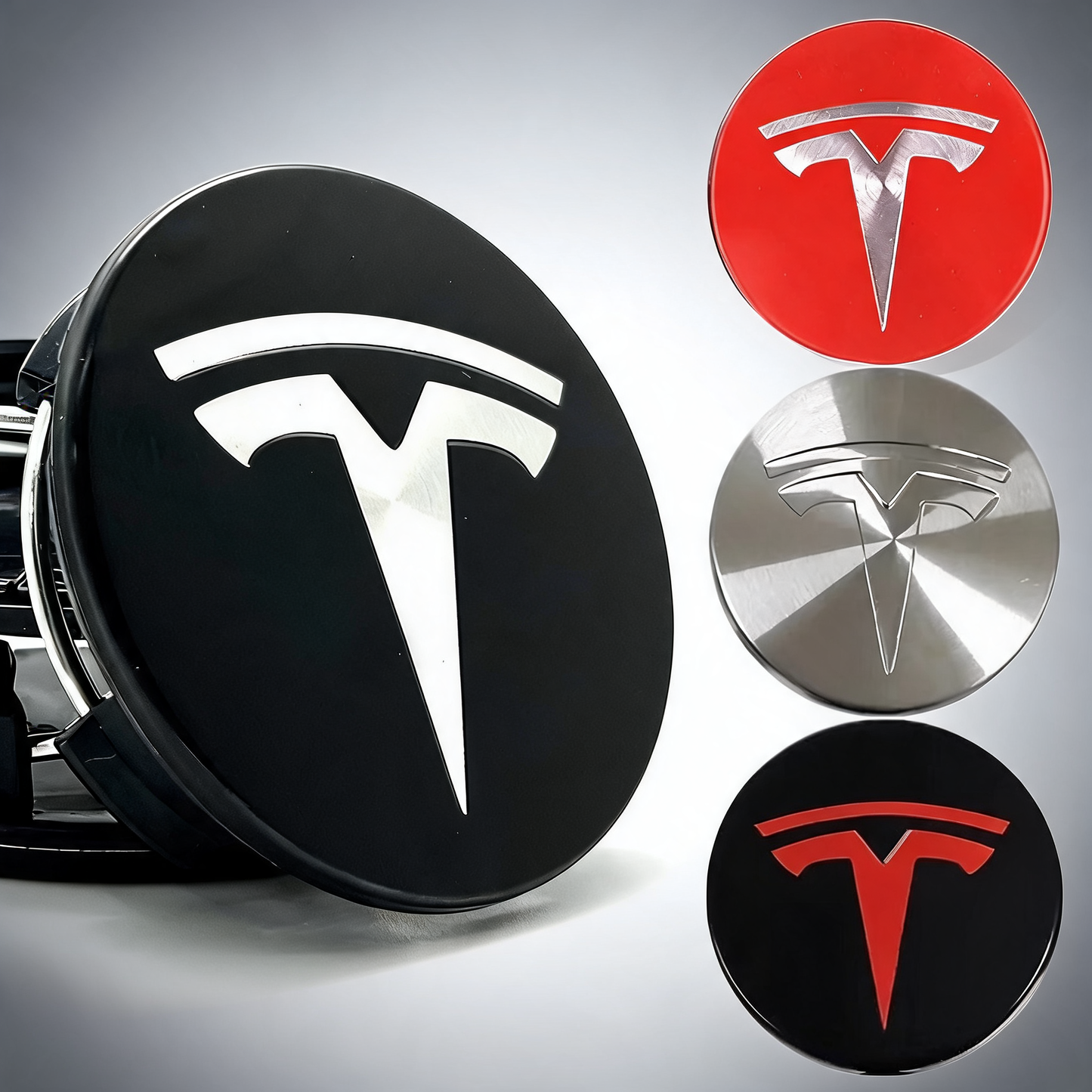 4 pack Tesla centre caps and hubcaps, black and silver