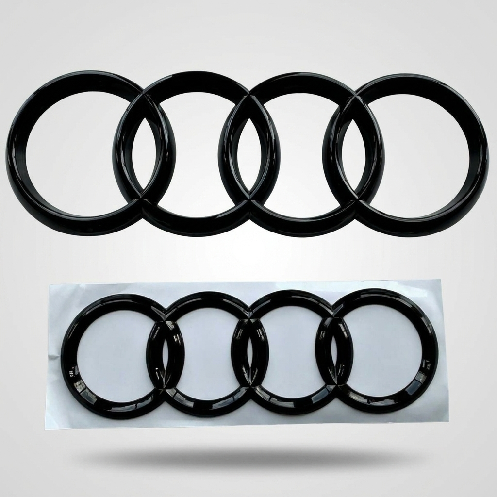 Gloss black Audi rings emblem set, front 273mm and rear 192mm, for A1 to A5