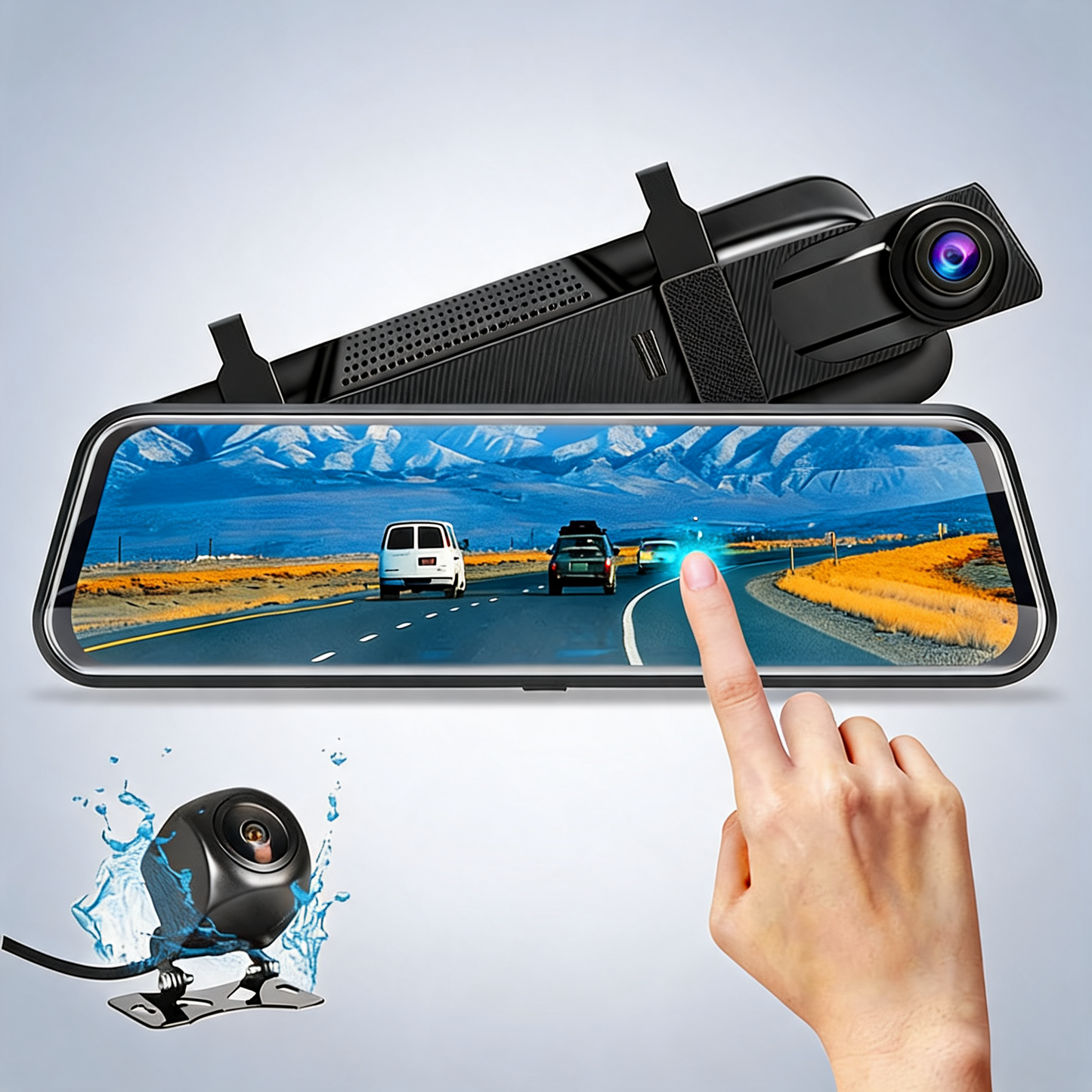10-Inch dual lens dash cam mirror - 1080P FHD touch screen car DVR with rear camera, night vision & G-Sensor black