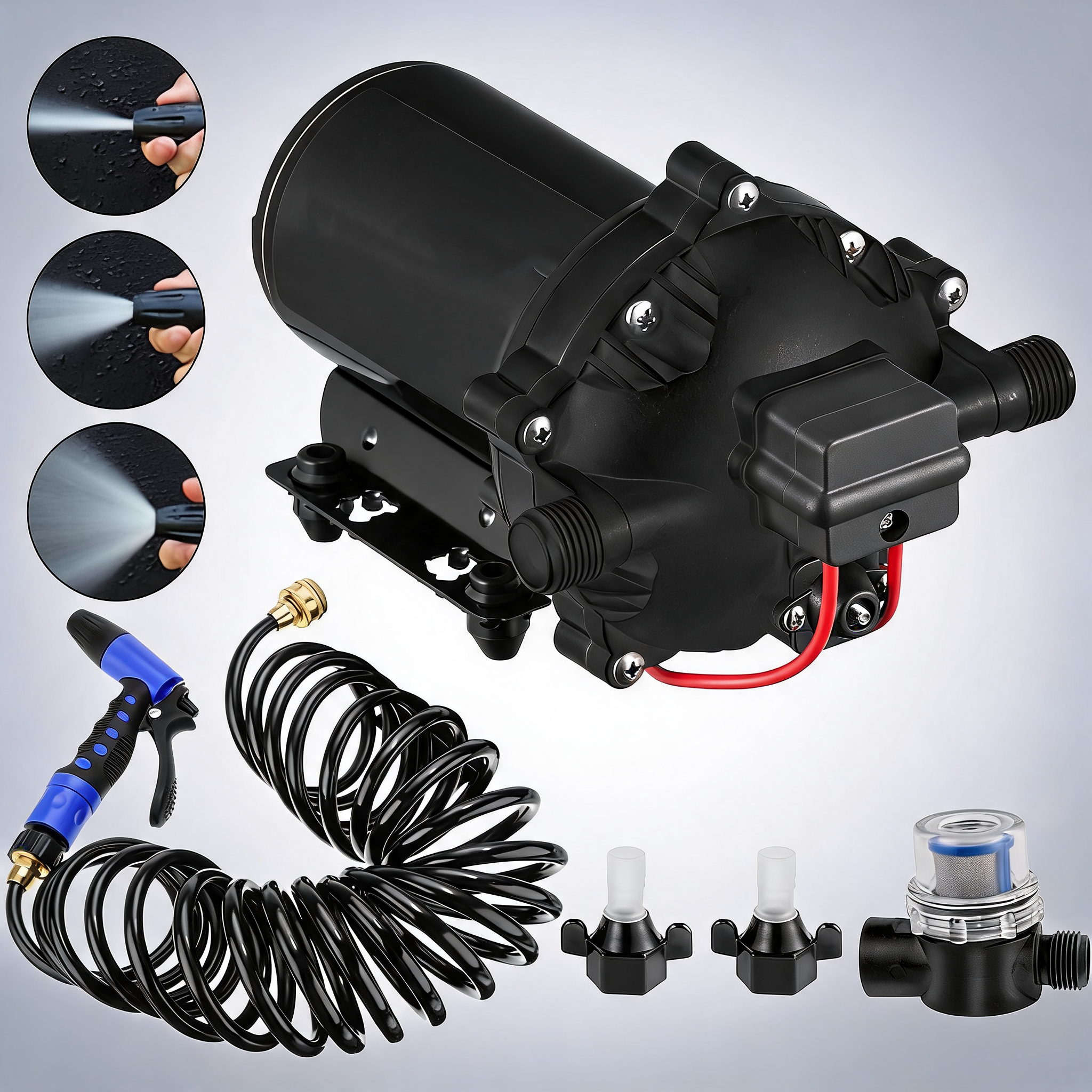 RV water pump 5.3 GPM 5.5 gallons per minute 12V water pump automatic 70 PSI diaphragm pump with 25 foot hose