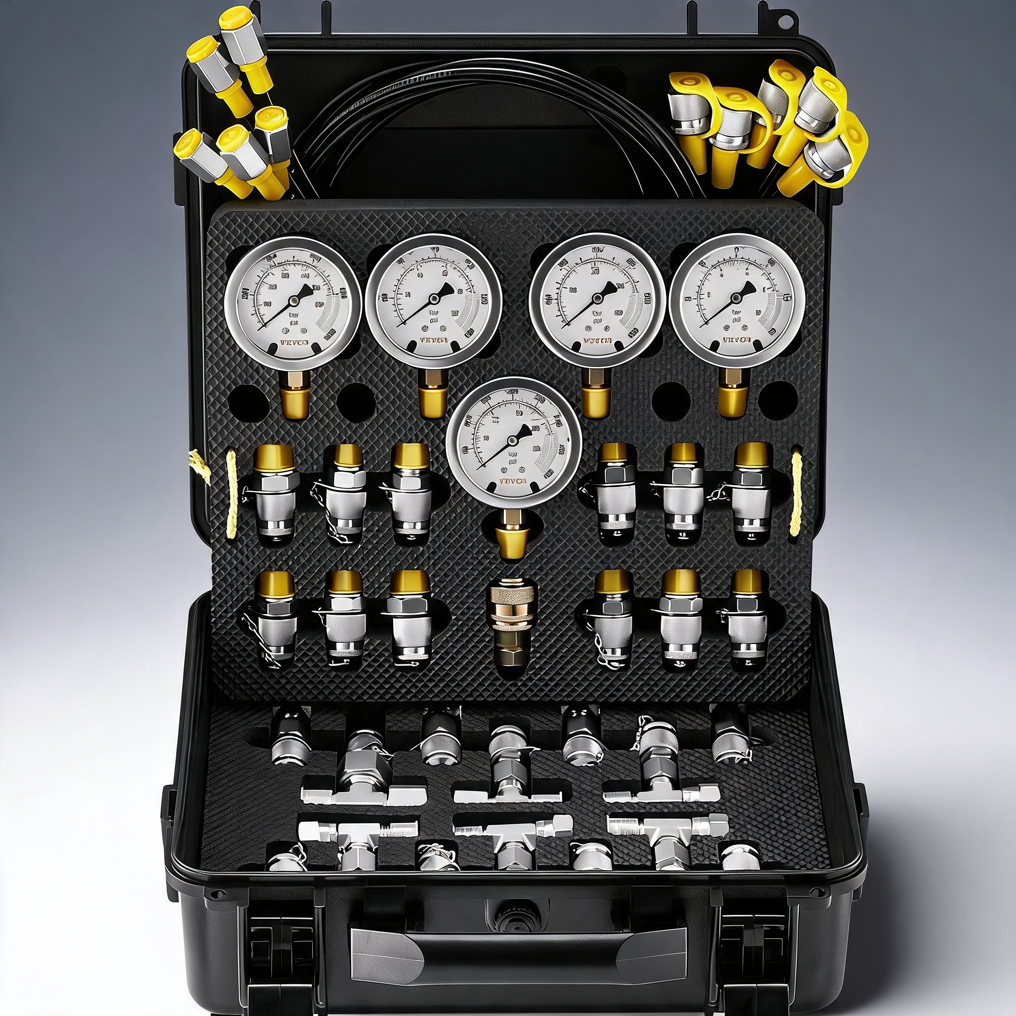 Hydraulic pressure test kit, 10/100/250/400/600bar, 5 gauges 13 couplings 14 tee connectors 5 test hoses