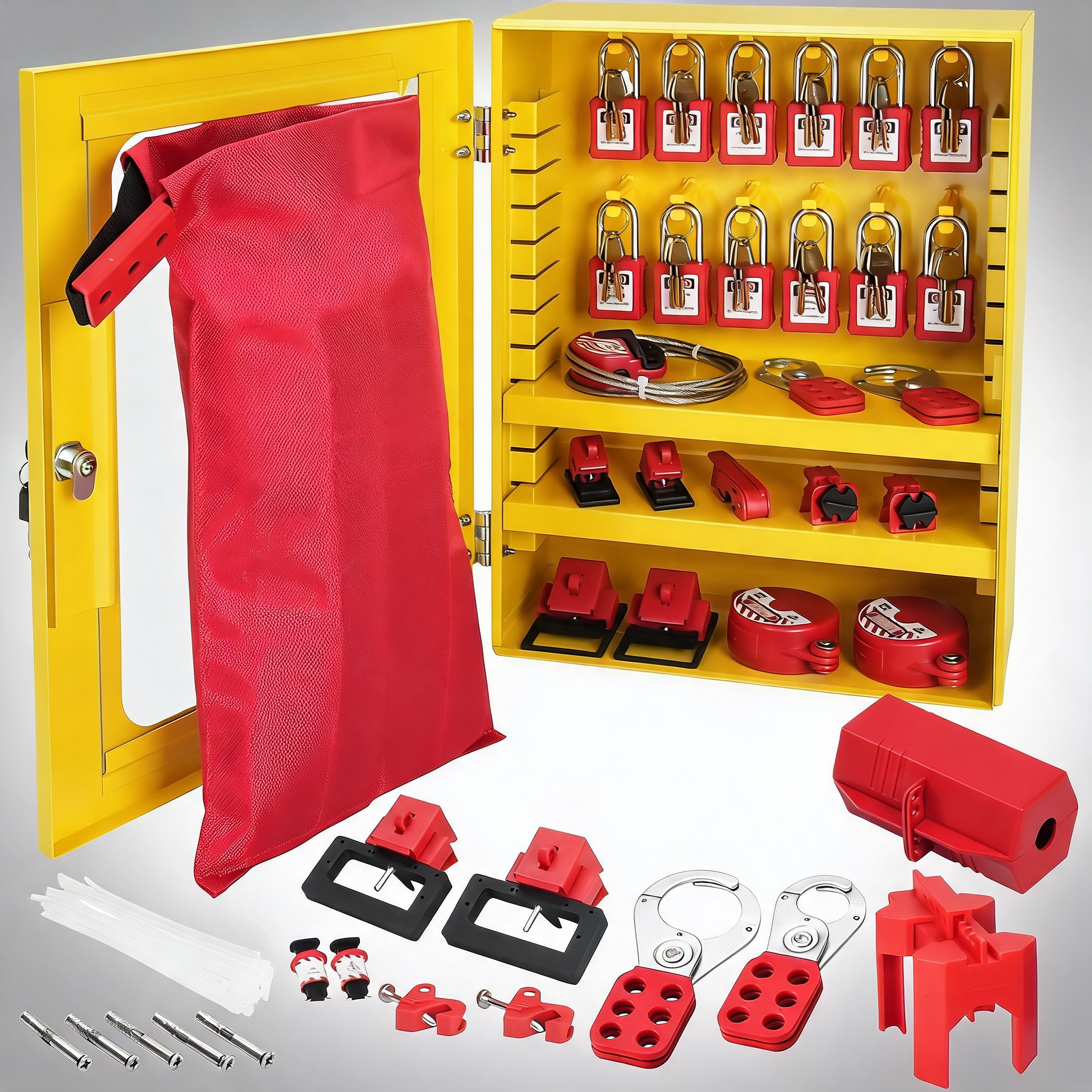 Electrical lockout tagout kit, 59 PCS safety lockout tagout station with padlocks, hasps, tags, ties, plug lockout