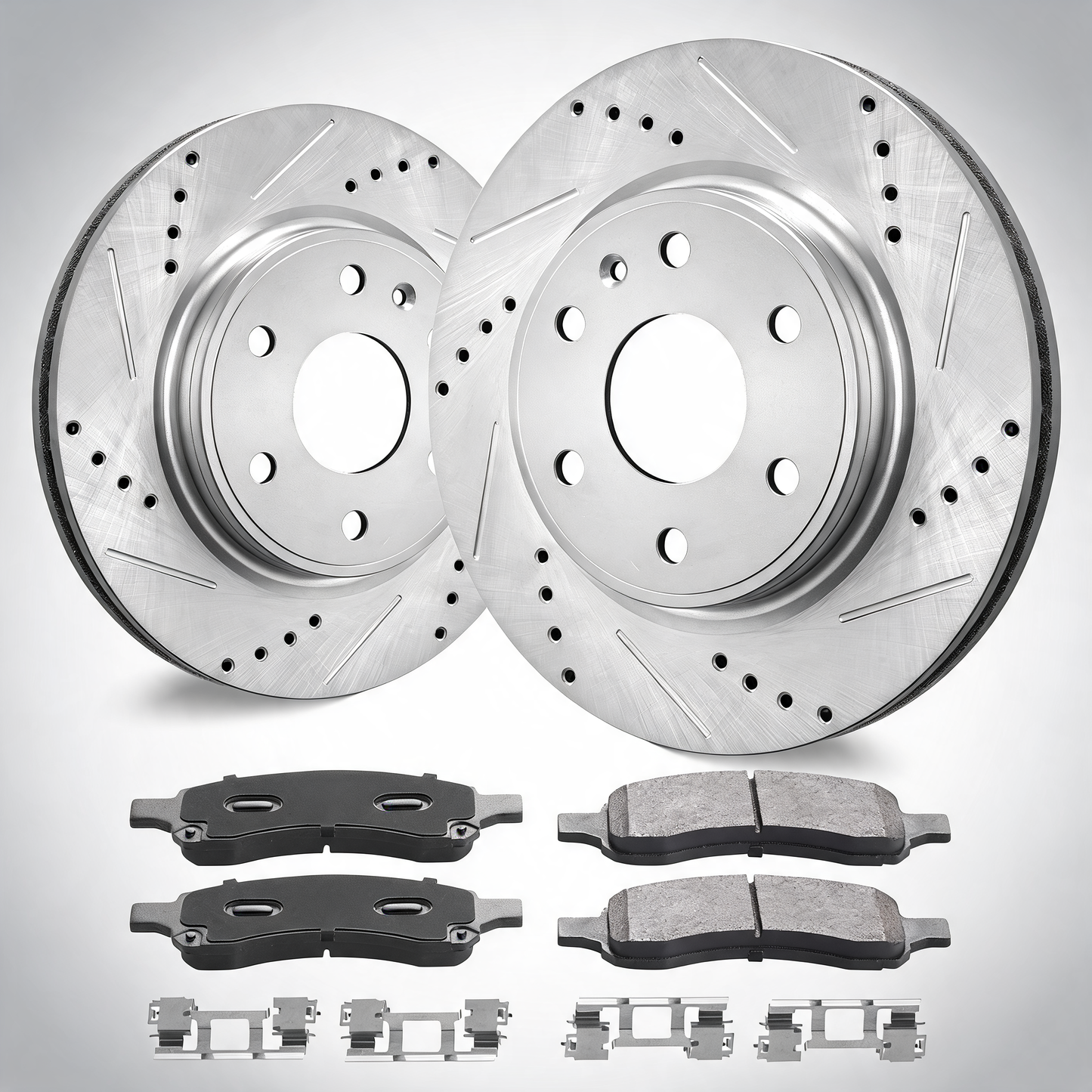 Drilled slotted front brake rotors pads kit for Chevy Traverse GMC Acadia