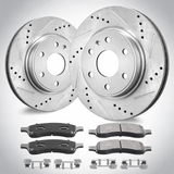 Drilled slotted front brake rotors pads kit for Chevy Traverse GMC Acadia