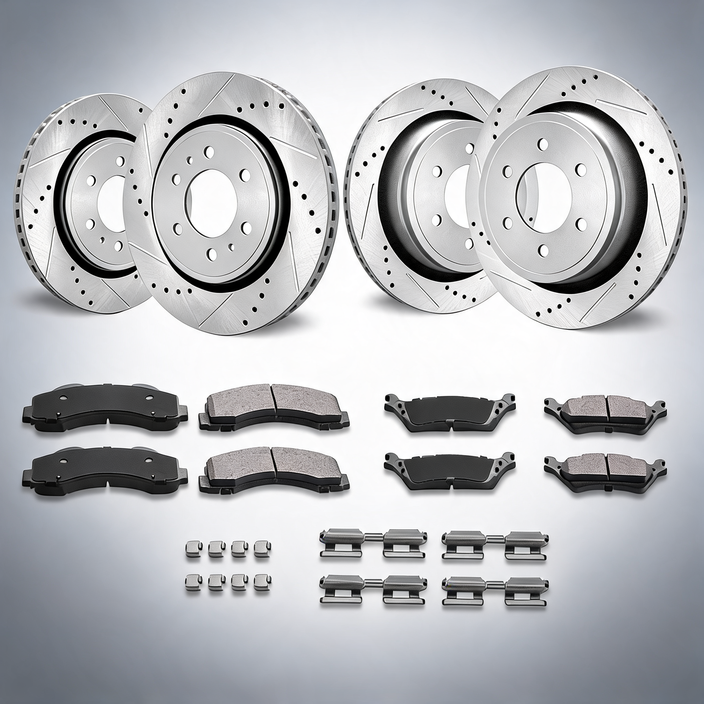 Front and rear brake kit compatible with 2012-2020 Ford F-150 MPB only, drilled slotted rotors ceramic pads