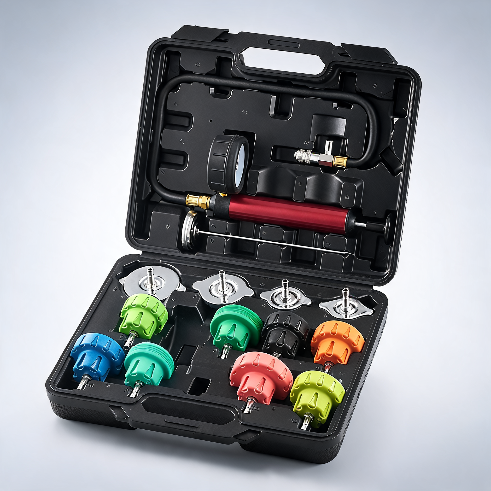 14 pcs universal radiator pressure tester kit, coolant pressure tester kit with manual pump and steel test caps