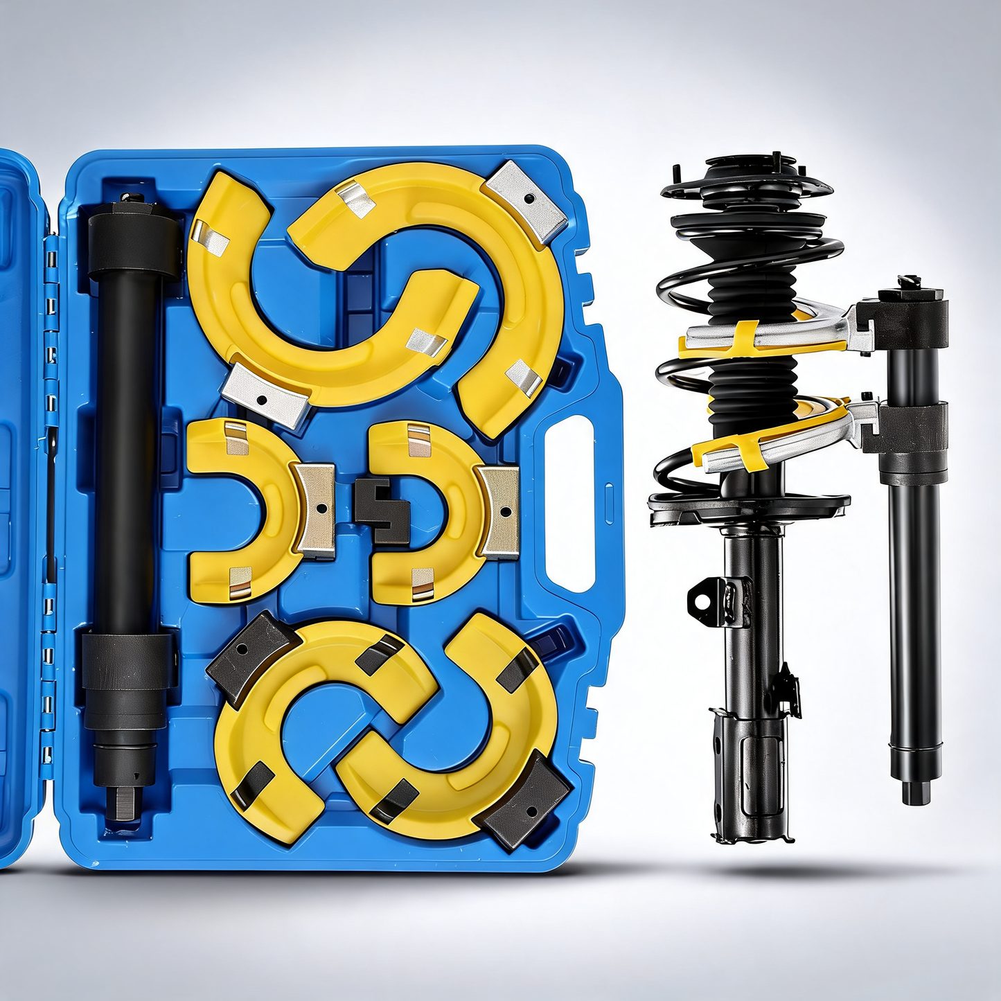 Strut spring compressor set, macpherson strut spring compressor kit, interchangeable fork strut coil extractor