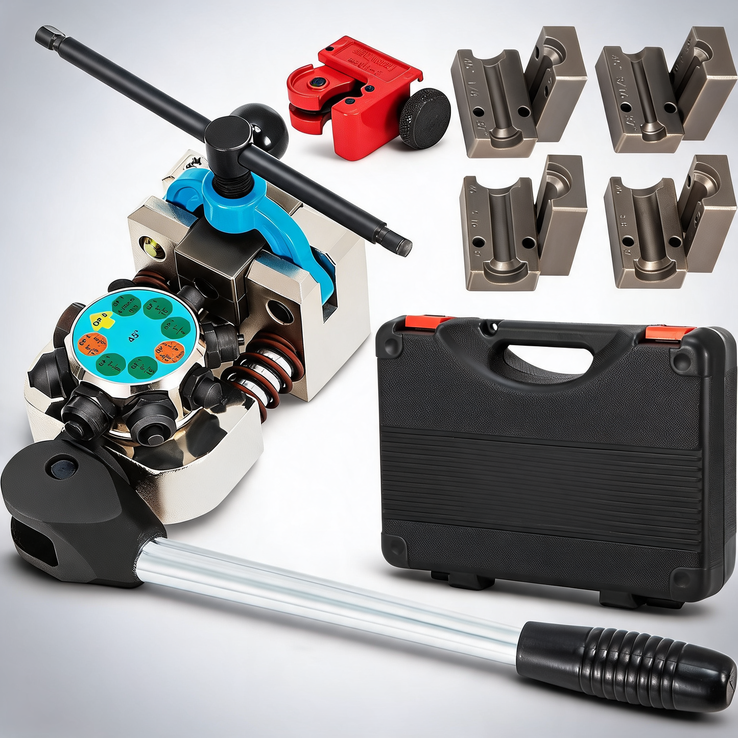 Brake line flaring tool, 45 degree single, double, and bubble flares for 3/16, 1/4, 5/16 and 3/8 tube size
