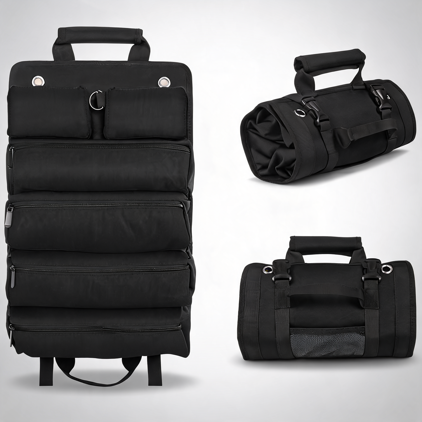 Black Heavy-Duty Roll-Up tool bag organiser waterproof 1200D fabric with 6 pockets and detachable pouches