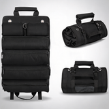 Black Heavy-Duty Roll-Up tool bag organiser waterproof 1200D fabric with 6 pockets and detachable pouches